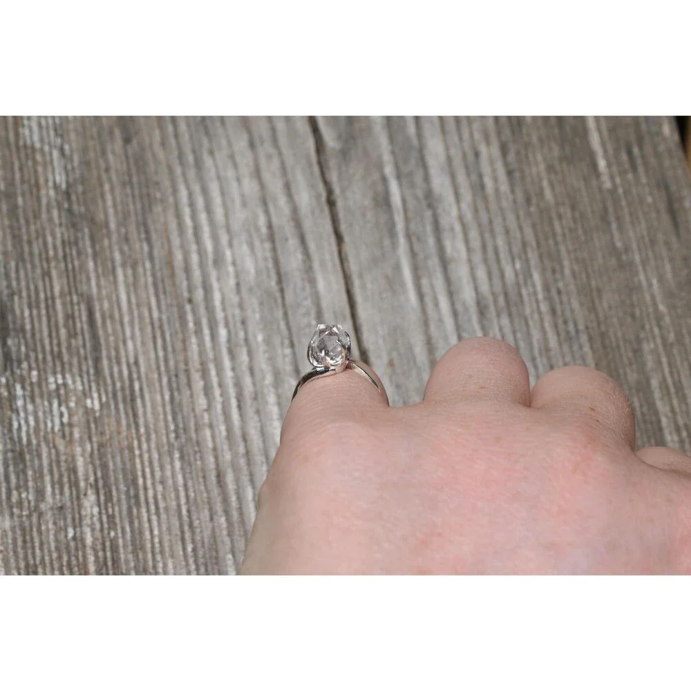 Raw Herkimer Diamond Ring – Natural Quartz Crystal Solitaire – Sterling Silver H